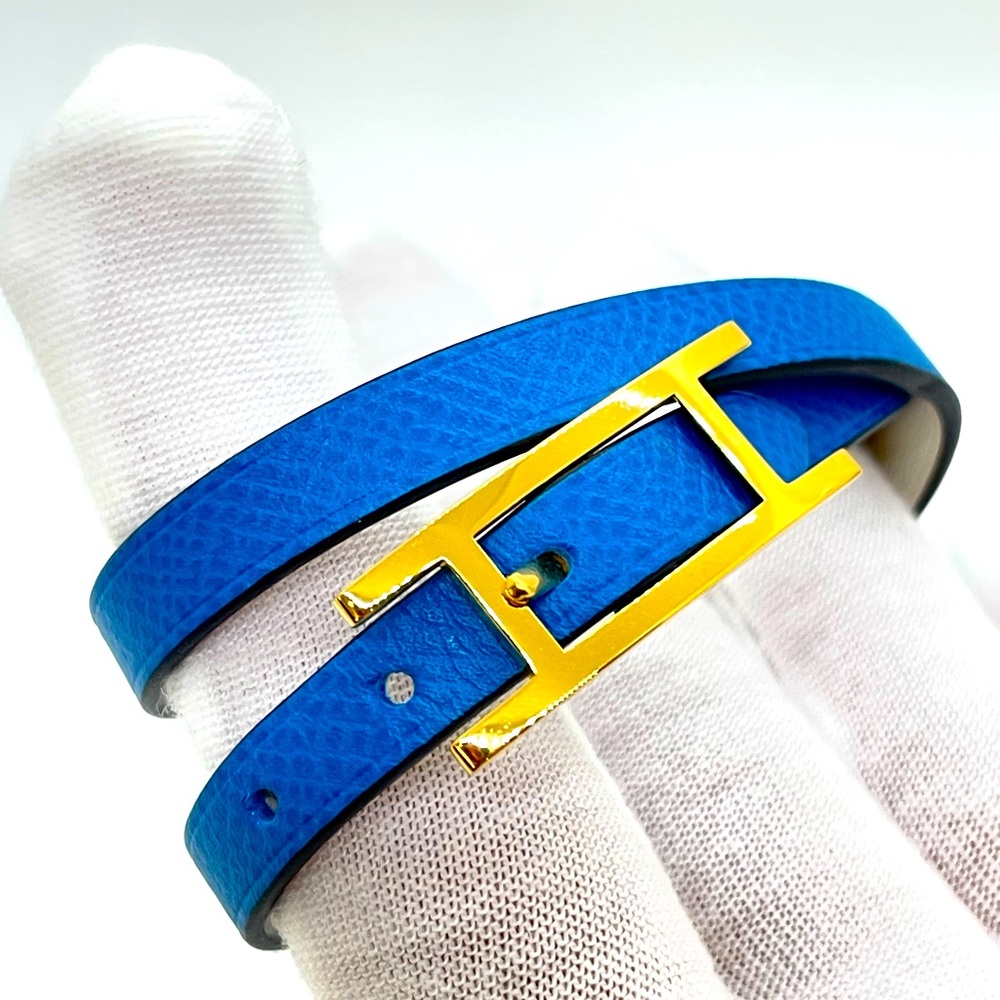EUC HERMES Behapi Tour Double Wrap Blue Leather Bracelet
